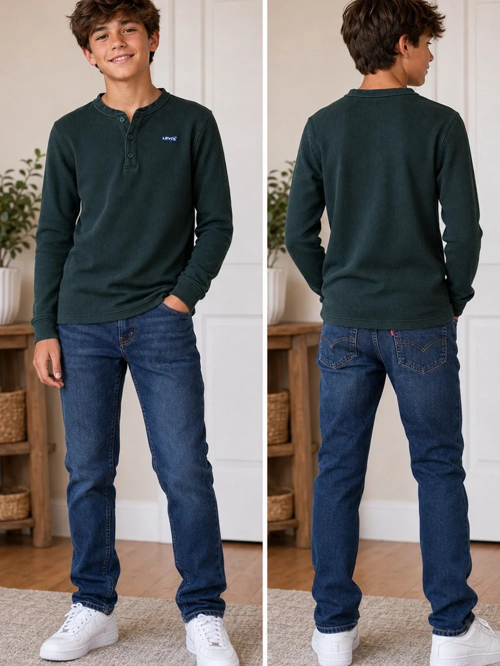 Levi's Forest Green Waffle Henley Sz LG 12-13yrs